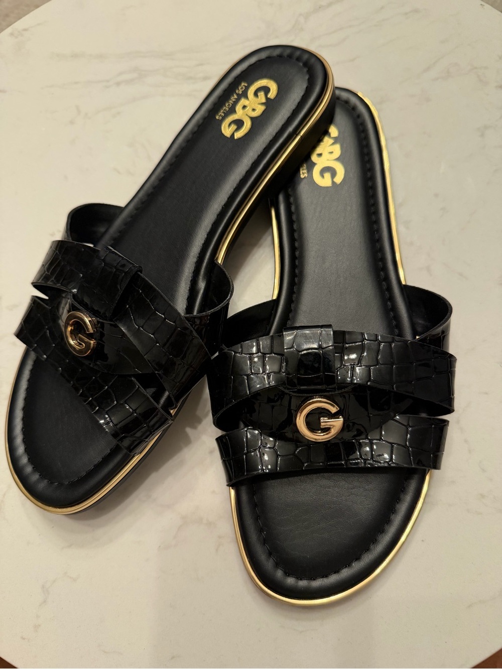 G by Guess Black Croc-Embossed Slide Sandals with Gold G Accent